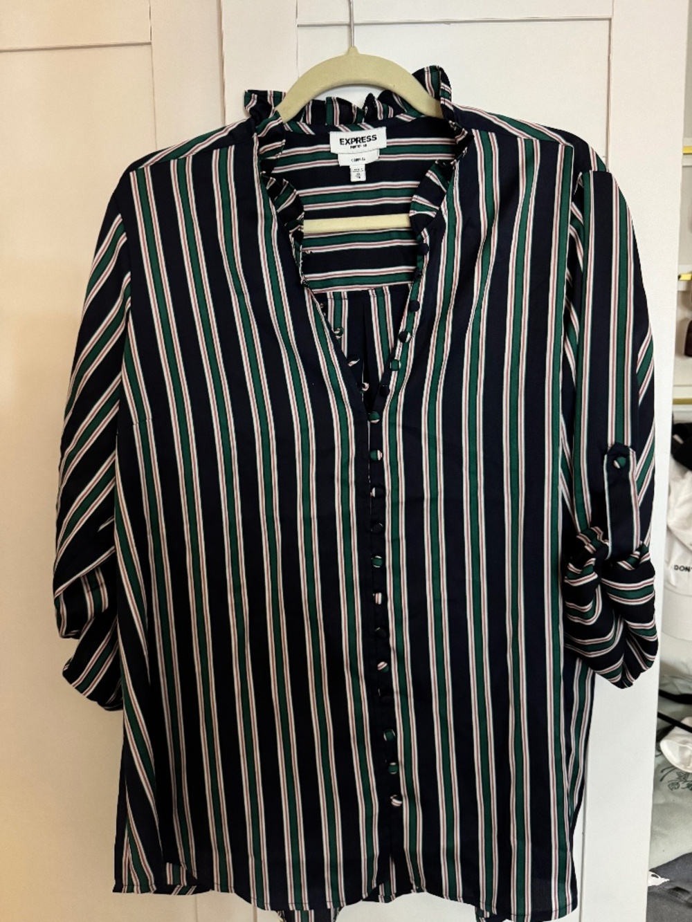 Express Portofino Shirt XL Navy Green Striped Ruffle Button Blouse